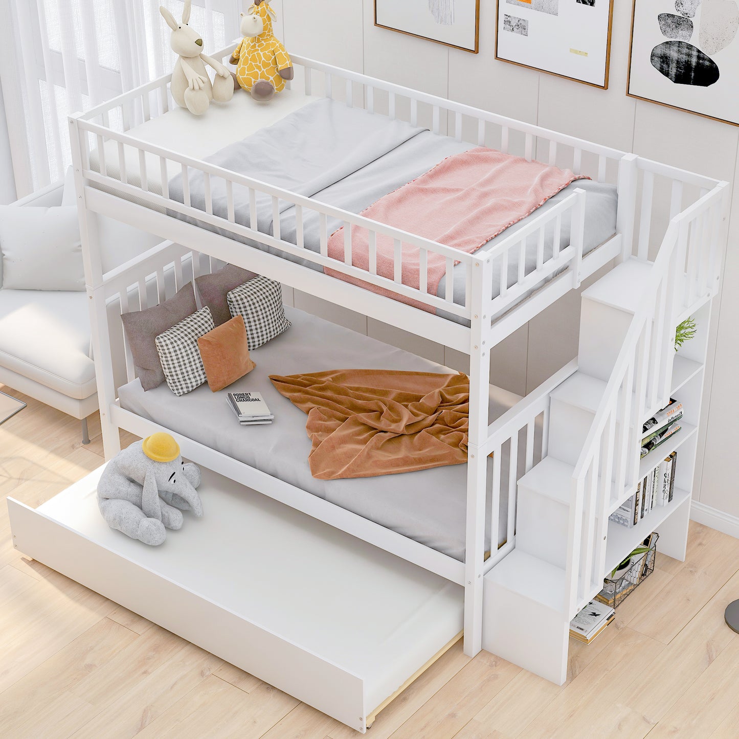Twin over Twin Bunk Bed with Trundle and Storage White