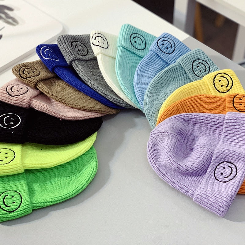 Baby Hat Solid Color Boy Girl Cartoon Smile Embroidery Winter Kids Knitted Hats Children Warm Beanies Child Caps For Babies