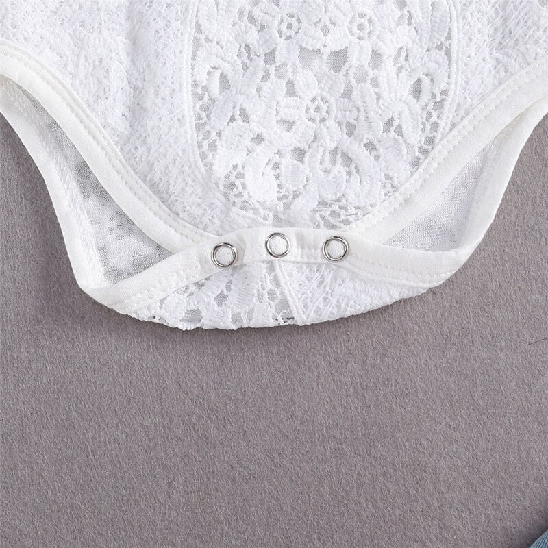 New Fashion 0-24M Baby Girls Fall Clothes Long Sleeve Lace Romper Suit Triangle Crotch Lace Top Hole Long Jeans 2Pcs Outfit