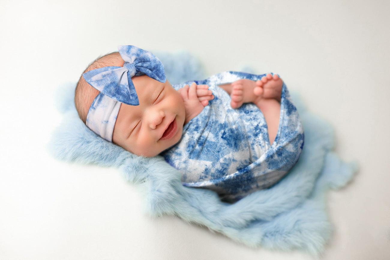 Gradient Print Baby Wrap Newborn Milk Silk Wrap Blanket Hairband Wrap Set