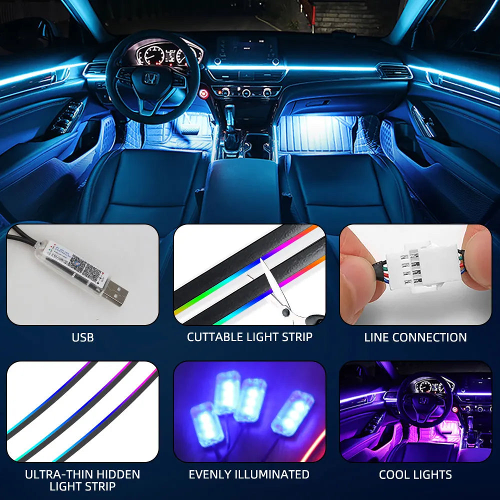 10 in 1 Car LED Acrylic Light Strip RGB Symphony Auto Interior Strip Lights Remote/APP Control Decorative Atmosphere Lamp