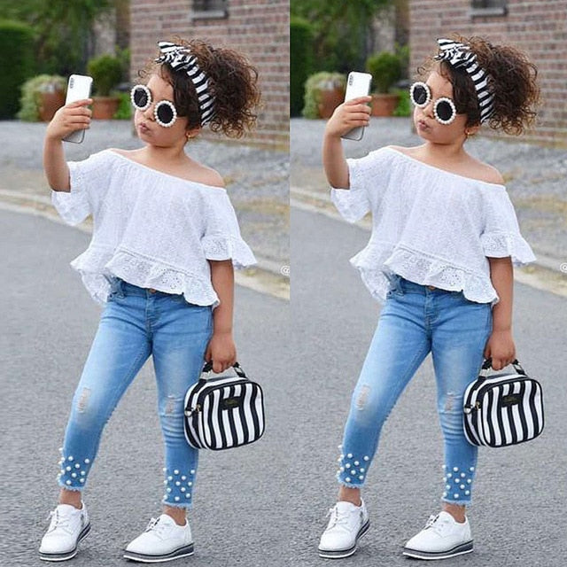 Girls Set Lace One Word Collar T-shirt Pearl Jeans Two-piece