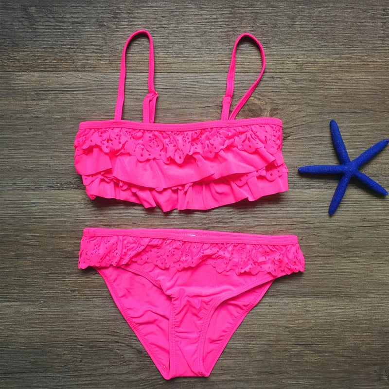 7-16years Children Swimwear Falbala Girls Swimwear Baby Kids Biquini Infantil Swimsuit Bikini Girl Summer Bathing Suit