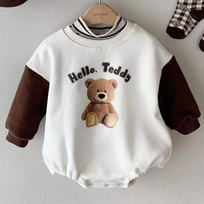 Spring new ins infant boys and girls baby cloth bear print pullover triangle climb out romper