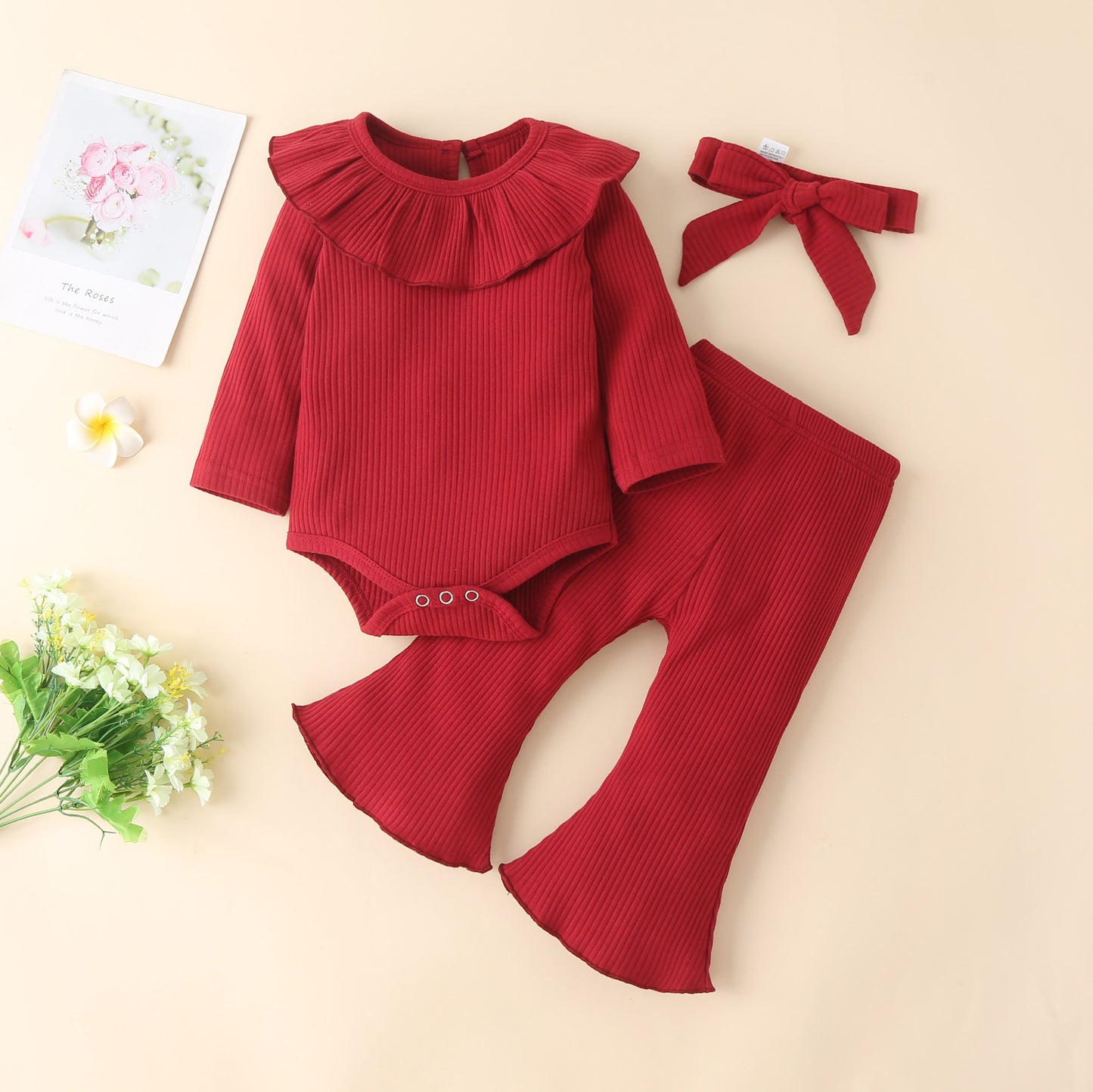 Autumn And Winter Infant Solid Color Pit Strip Cotton Long-Sleeved Ruffled Romper Flared Three-Piece Set