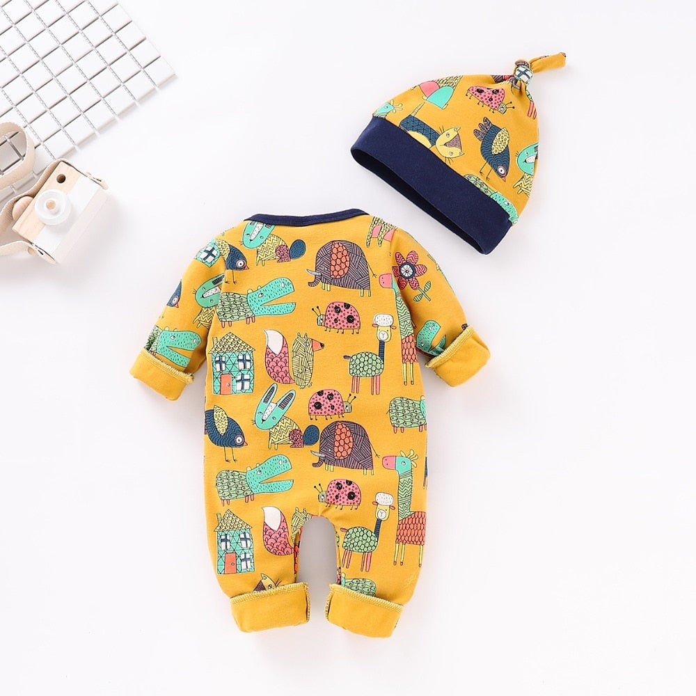 Spring Baby Clothes Funny Cartoon Print Rompers + Caps Newborn Bebes Outfits 2pcs Long Sleeve Infant Boy Girl Jumpsuits Overalls