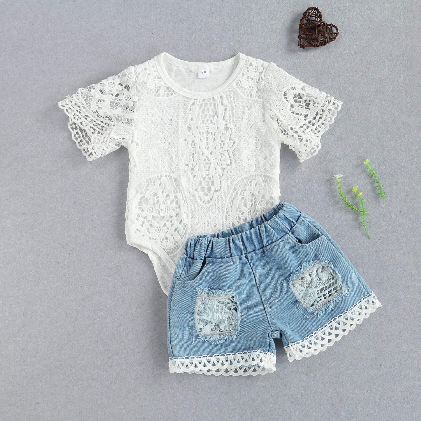 New Fashion 0-24M Baby Girls Fall Clothes Long Sleeve Lace Romper Suit Triangle Crotch Lace Top Hole Long Jeans 2Pcs Outfit