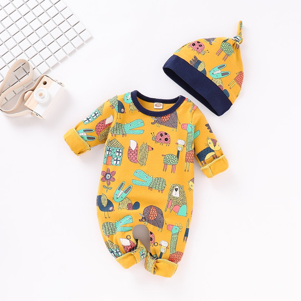 Spring Baby Clothes Funny Cartoon Print Rompers + Caps Newborn Bebes Outfits 2pcs Long Sleeve Infant Boy Girl Jumpsuits Overalls