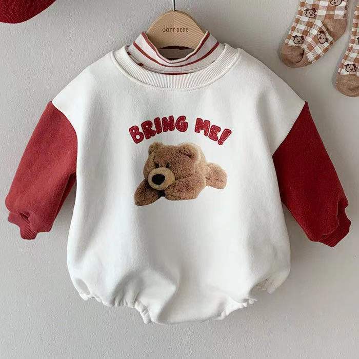 Spring new ins infant boys and girls baby cloth bear print pullover triangle climb out romper