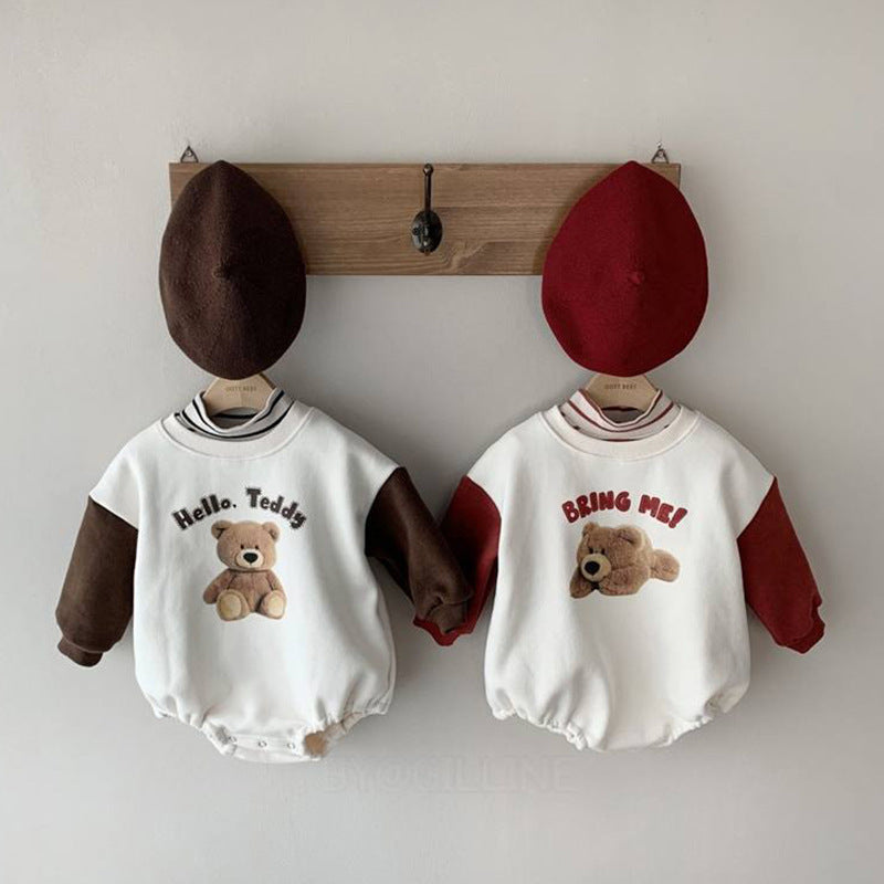 Spring new ins infant boys and girls baby cloth bear print pullover triangle climb out romper