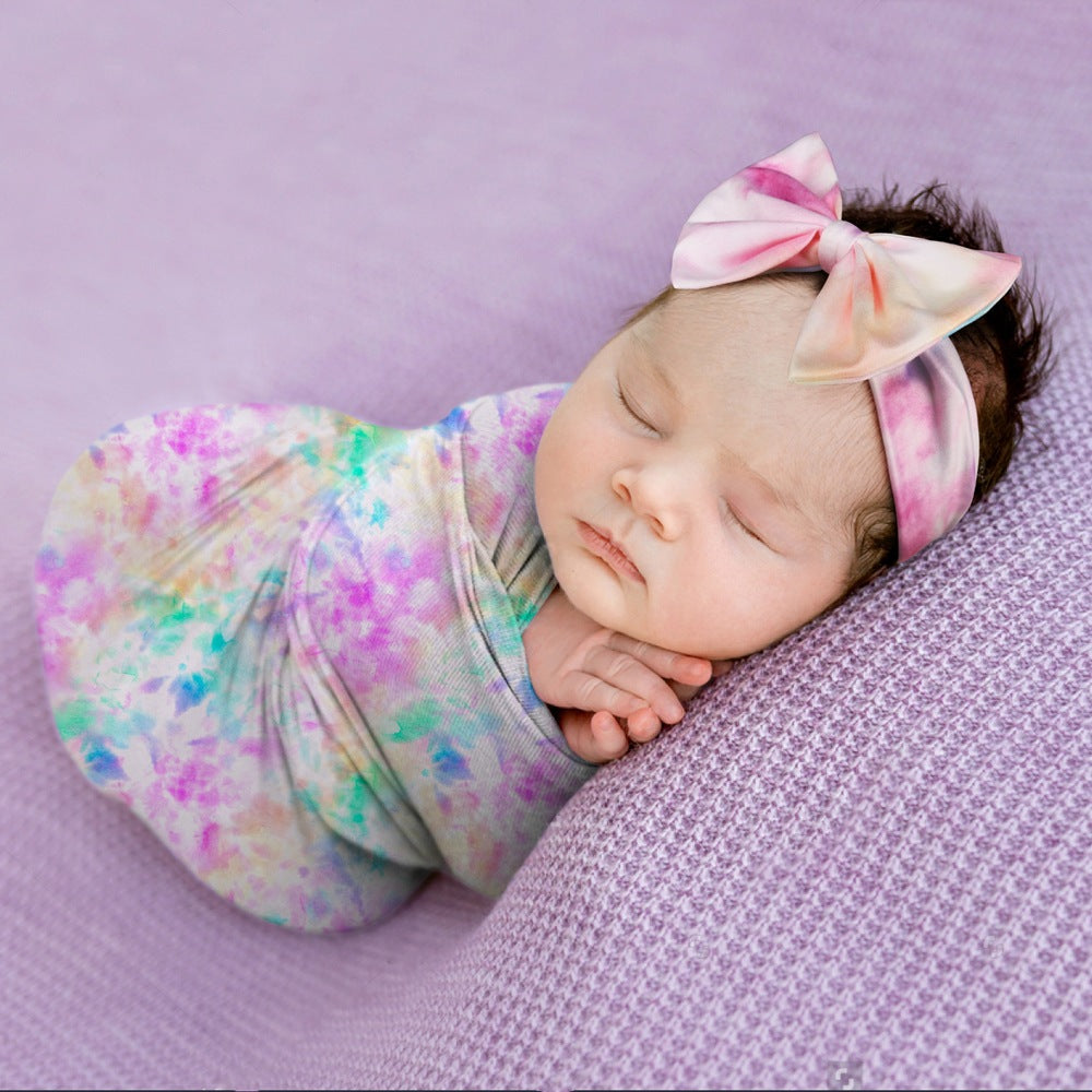 Gradient Print Baby Wrap Newborn Milk Silk Wrap Blanket Hairband Wrap Set