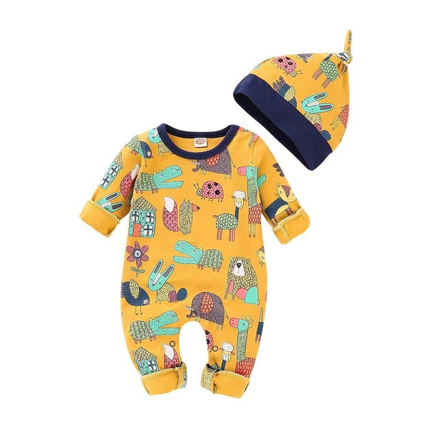 Spring Baby Clothes Funny Cartoon Print Rompers + Caps Newborn Bebes Outfits 2pcs Long Sleeve Infant Boy Girl Jumpsuits Overalls