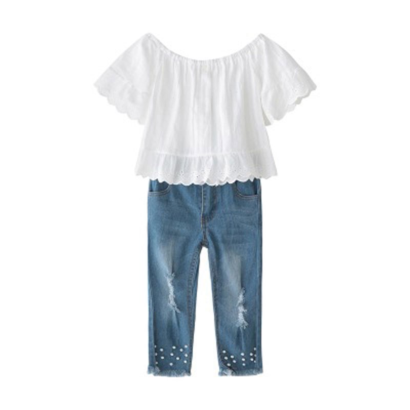 Girls Set Lace One Word Collar T-shirt Pearl Jeans Two-piece