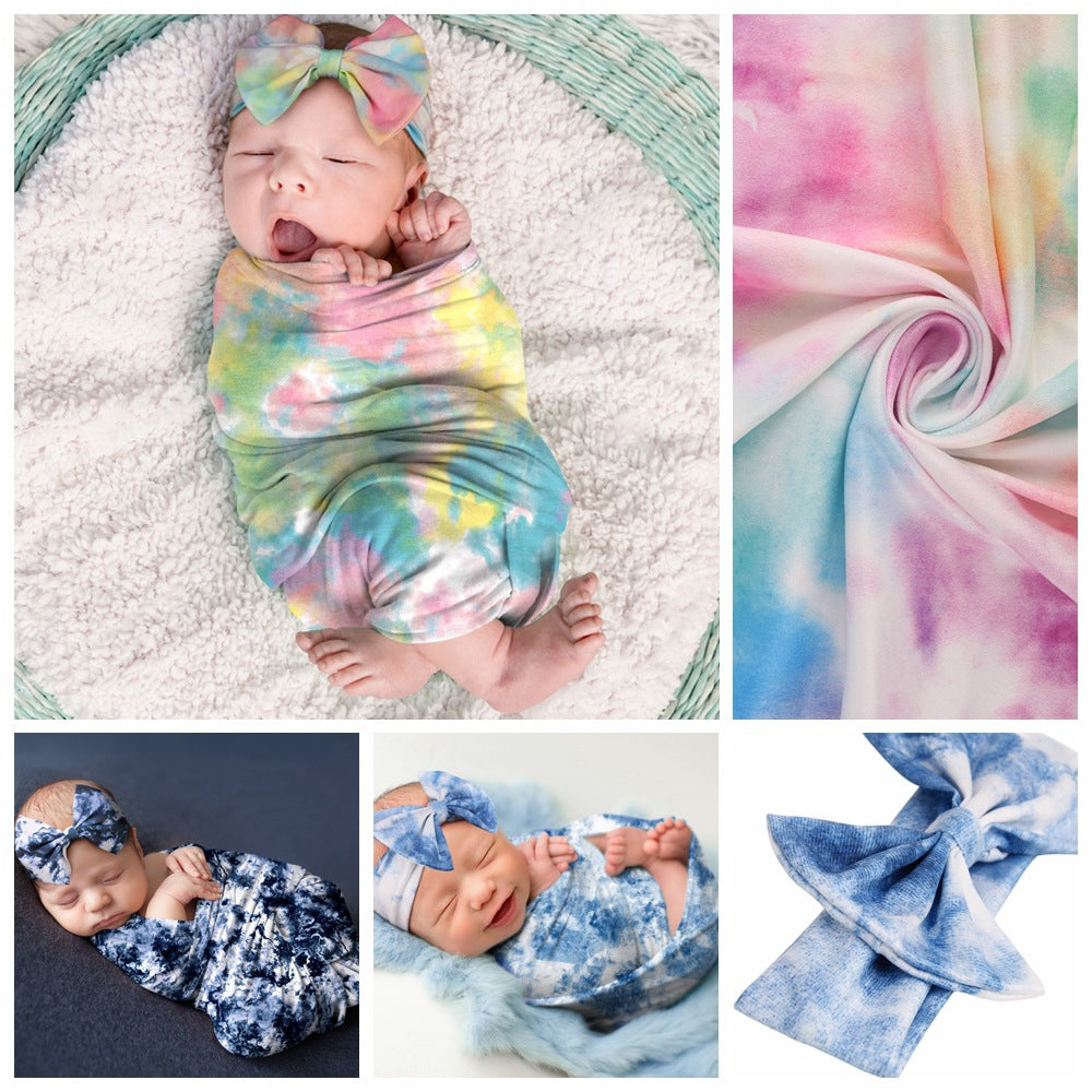 Gradient Print Baby Wrap Newborn Milk Silk Wrap Blanket Hairband Wrap Set