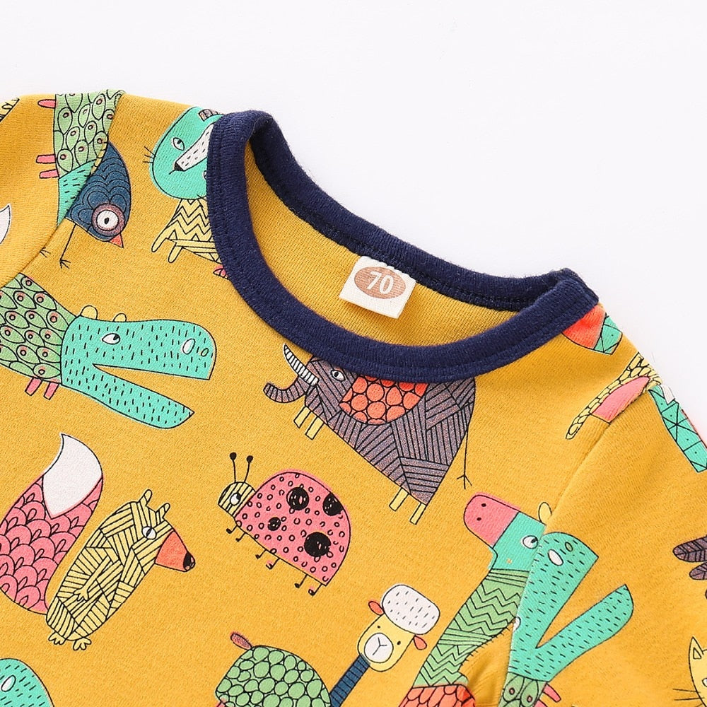 Spring Baby Clothes Funny Cartoon Print Rompers + Caps Newborn Bebes Outfits 2pcs Long Sleeve Infant Boy Girl Jumpsuits Overalls