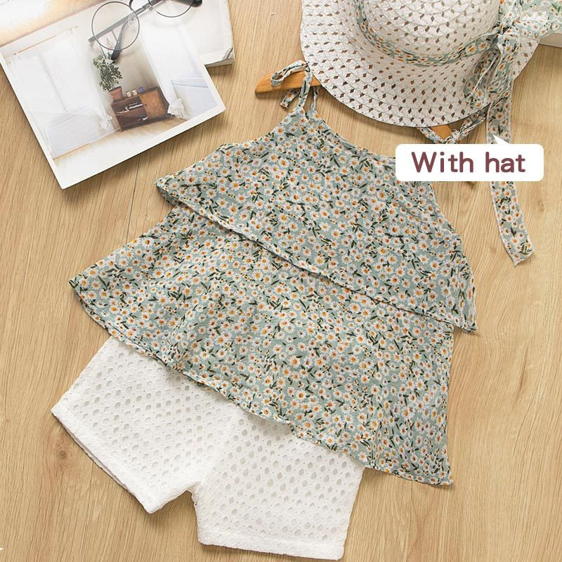 Summer Girls Cake Fragmented Chiffon Suspended Shirt and Cut Out Shorts Gift Straw Hat Three Piece Westernized Suit Pants