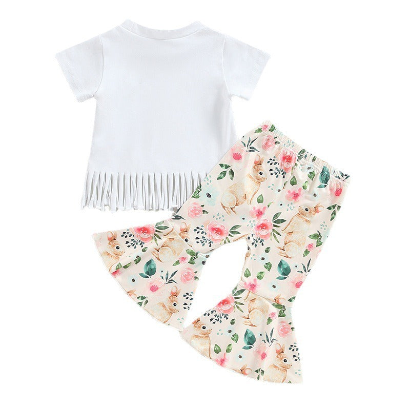 Girls Summer European And American Short Sleeve Tassel T Shirt Rabbit Flower Flare Pants Set Girls Set Two Piece Set
