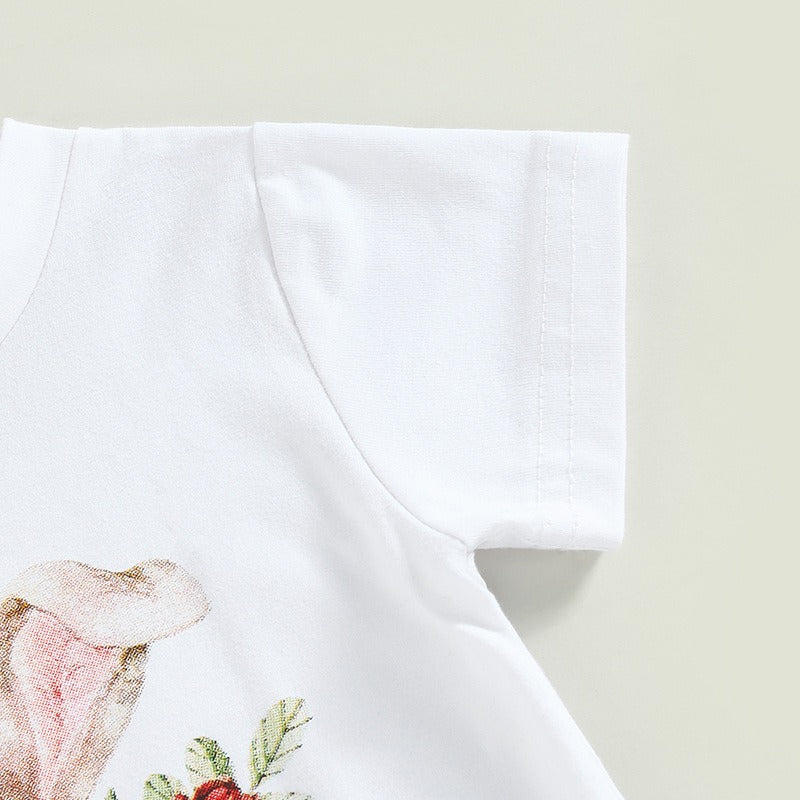 Girls Summer European And American Short Sleeve Tassel T Shirt Rabbit Flower Flare Pants Set Girls Set Two Piece Set