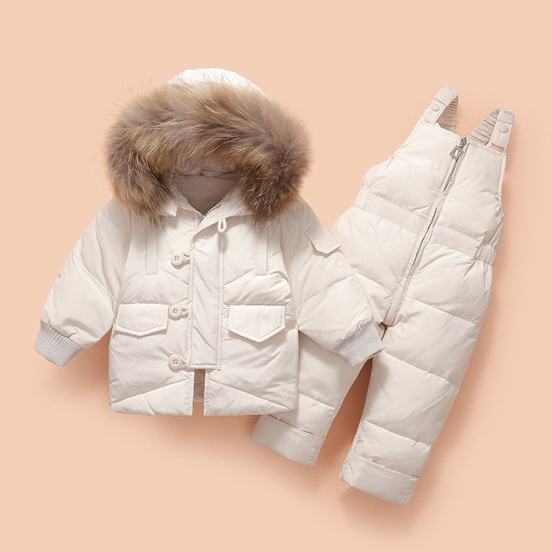 Winter Baby Boys Snowsuits Children's Down Jacket with Big Fur Hooed 4 Solid Colors with Zipper kids Down Jacket Set 2pcs