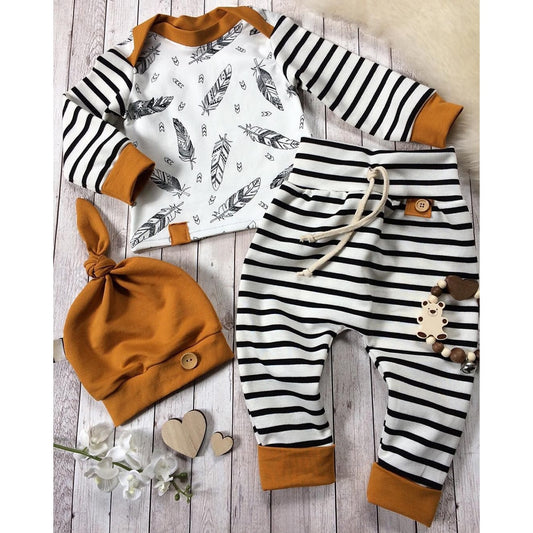 Winter Baby Newborn Baby Boy Girl Clothes Feather T shirt Tops Striped Pants Clothes Outfits Set vetement enfant fille