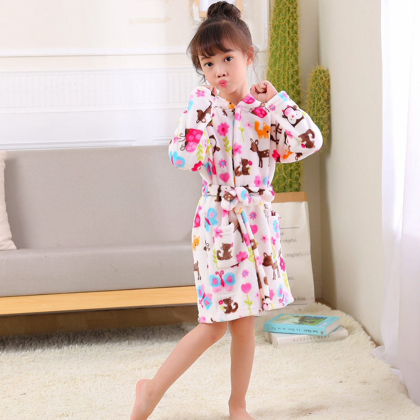 New Children's Clothing Home Clothes Male And Female Baby Bathrobe Cartoon Flannel Hooded Children's Nightgown