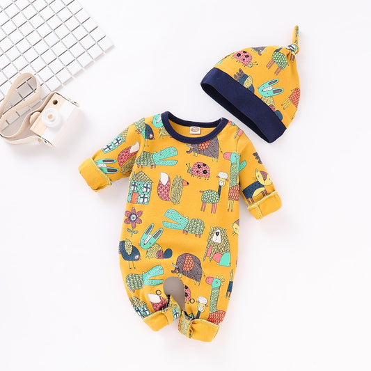 Spring Baby Clothes Funny Cartoon Print Rompers + Caps Newborn Bebes Outfits 2pcs Long Sleeve Infant Boy Girl Jumpsuits Overalls