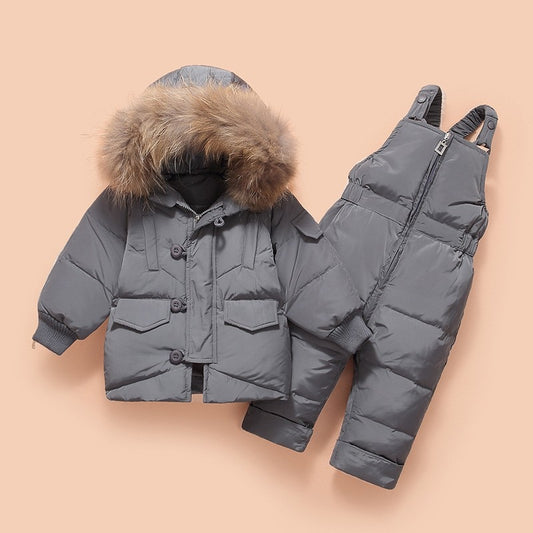 Winter Baby Boys Snowsuits Children's Down Jacket with Big Fur Hooed 4 Solid Colors with Zipper kids Down Jacket Set 2pcs