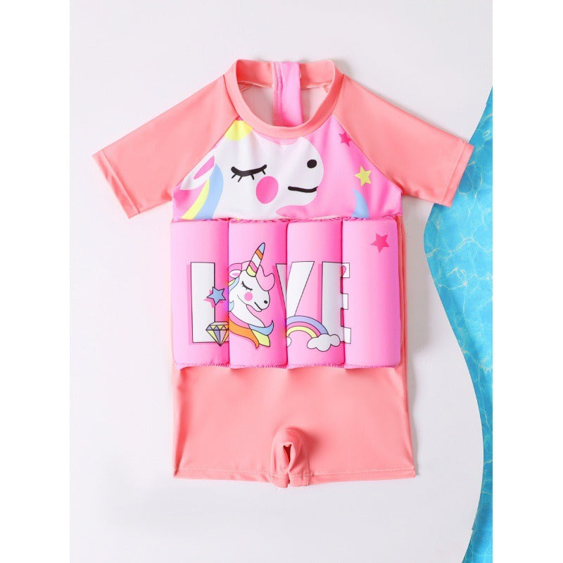 Children's buoyancy swimsuit for girls, babies, toddlers, princesses, short sleeved cartoon one-piece swimsuit for girls