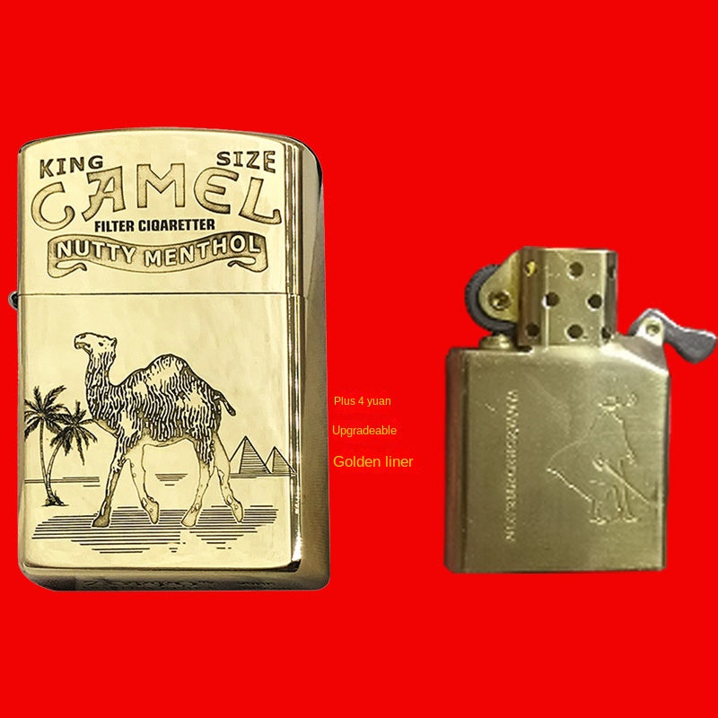 Brass Camel Kerosene Lighter Carved Retro Windproof Grinding Wheel Flip Cover Cigarette Lighter