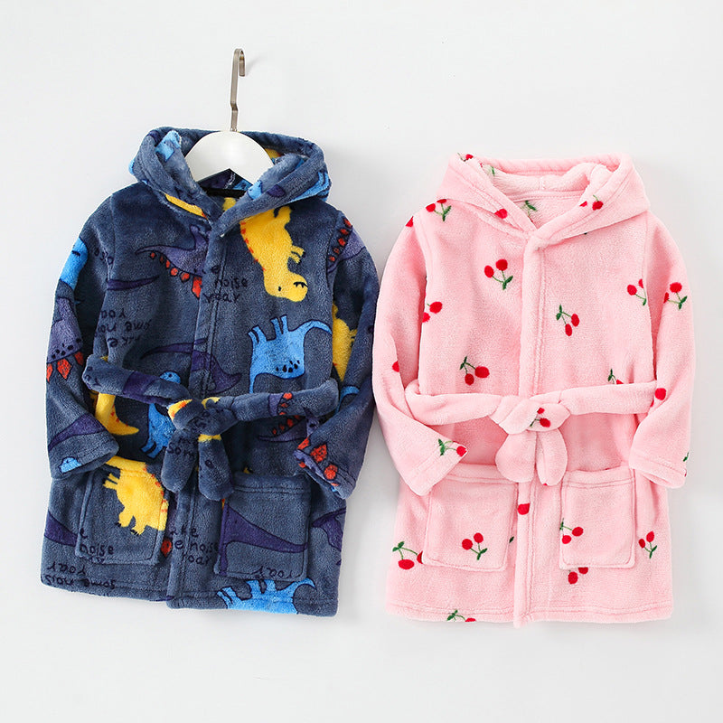 New Children's Clothing Home Clothes Male And Female Baby Bathrobe Cartoon Flannel Hooded Children's Nightgown