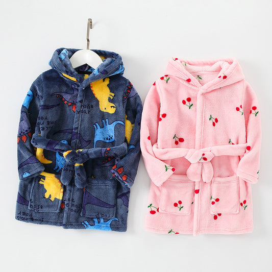New Children's Clothing Home Clothes Male And Female Baby Bathrobe Cartoon Flannel Hooded Children's Nightgown