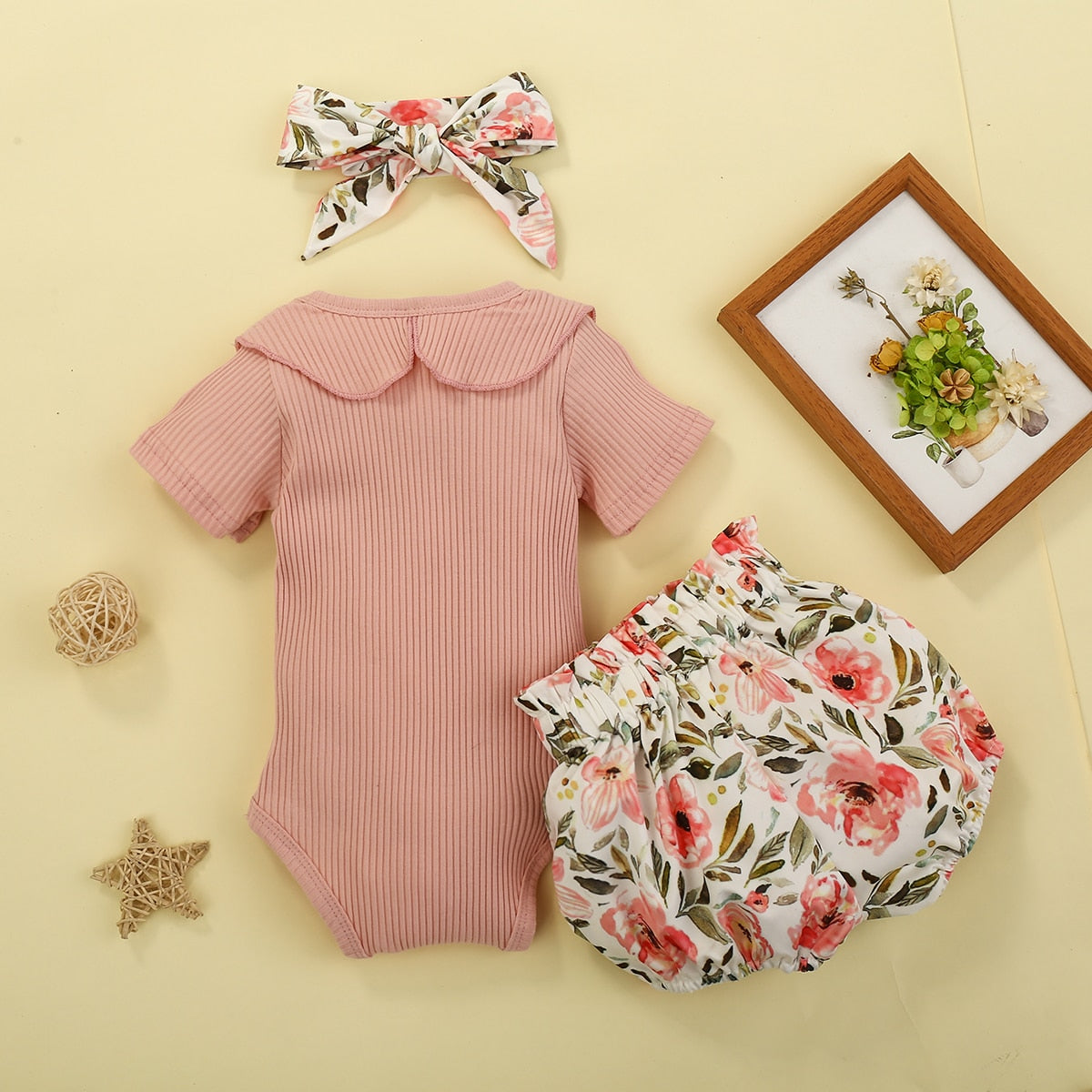 New Baby Girl 3 PCS Outfit Set Solid Color Short Sleeve Ruffle Button Closure Romper Short Flower Waist Belt Pants Hair Band