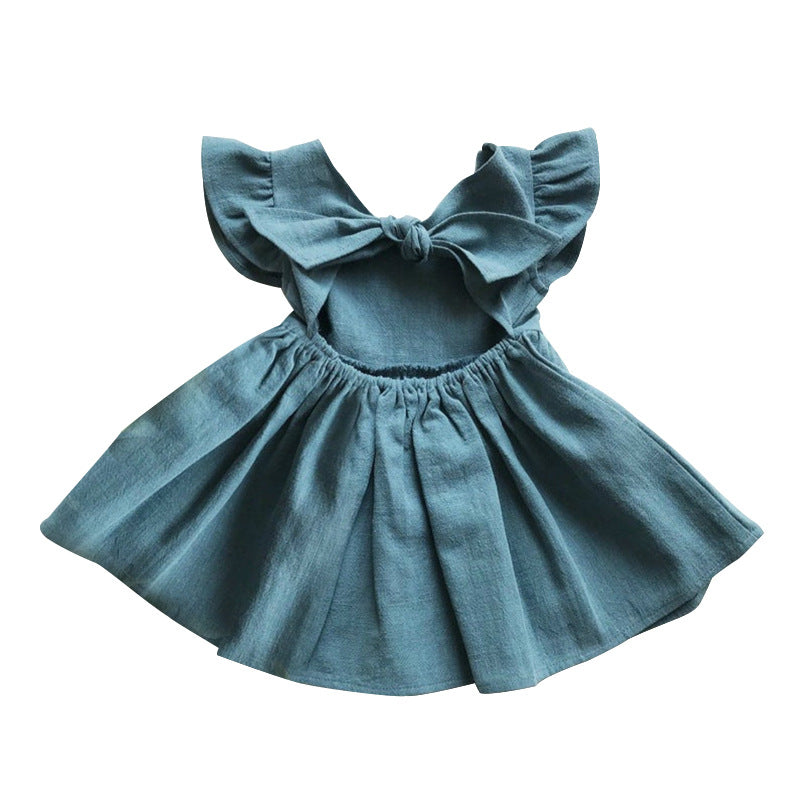 New Girl's Dress Baby Cotton Linen Solid Color Children's Skirt Bow Princess Skirt Tutu Skirt Children's Clothing