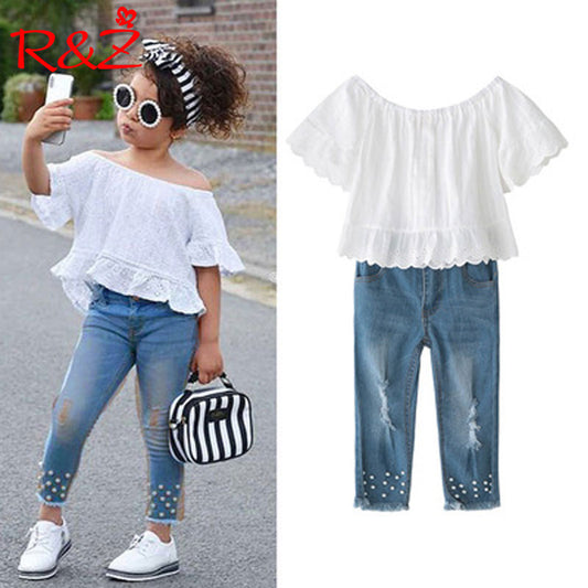 Girls Set Lace One Word Collar T-shirt Pearl Jeans Two-piece