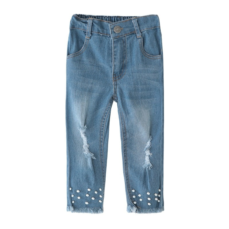 Girls Set Lace One Word Collar T-shirt Pearl Jeans Two-piece