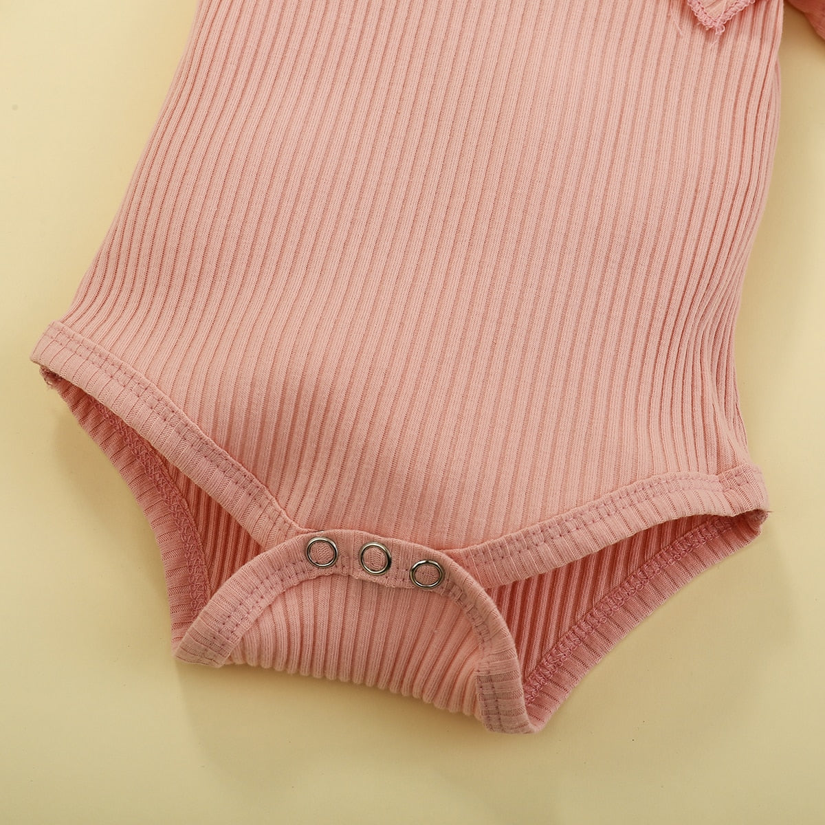 New Baby Girl 3 PCS Outfit Set Solid Color Short Sleeve Ruffle Button Closure Romper Short Flower Waist Belt Pants Hair Band