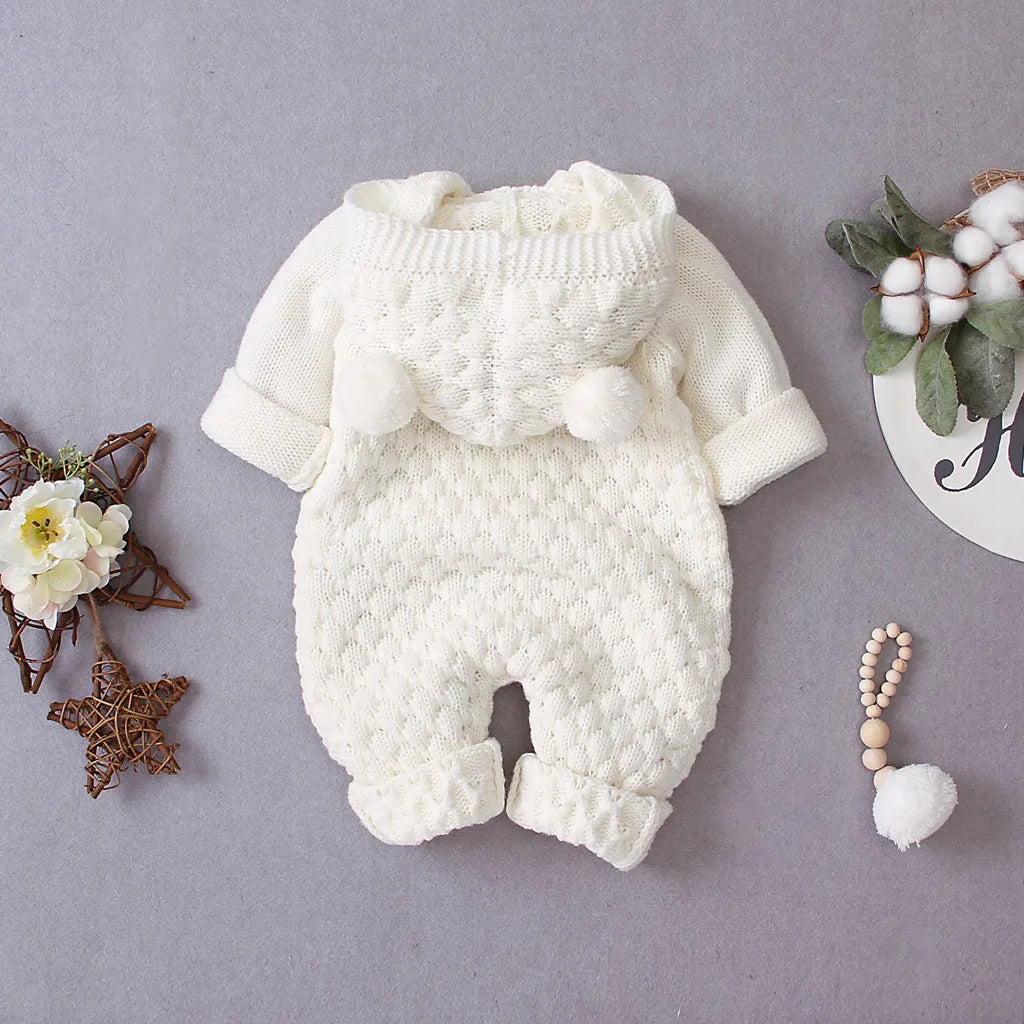 Children's Fur Ball Hooded Knitted One-piece Romper