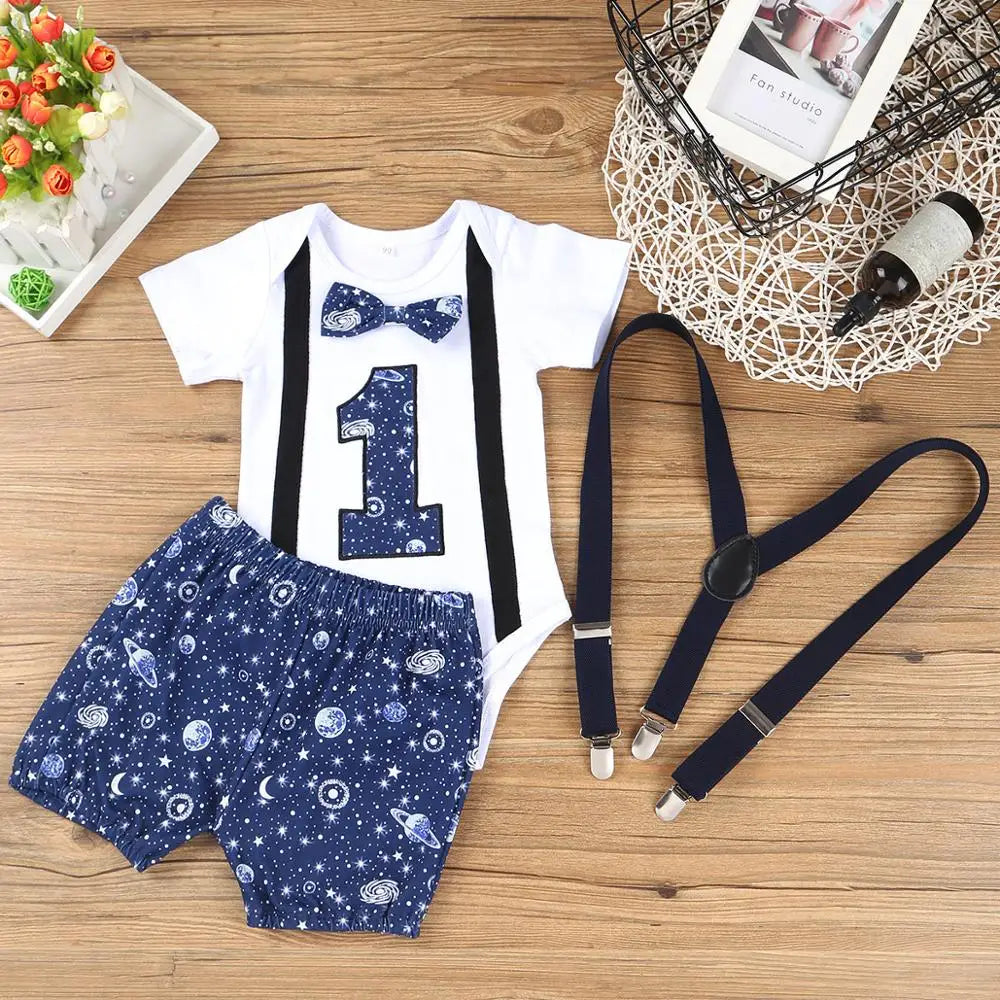 Newborn Baby Boys Gentleman Clothing Set Short Sleeve Letter Romper Tops Straps Shorts Outfits 1st Birthday Clothes for Babies