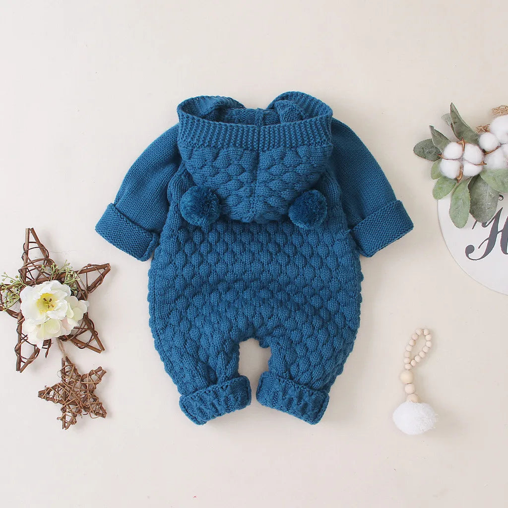 Children's Fur Ball Hooded Knitted One-piece Romper