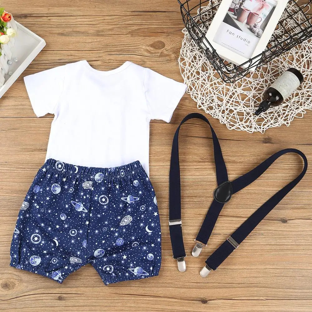 Newborn Baby Boys Gentleman Clothing Set Short Sleeve Letter Romper Tops Straps Shorts Outfits 1st Birthday Clothes for Babies